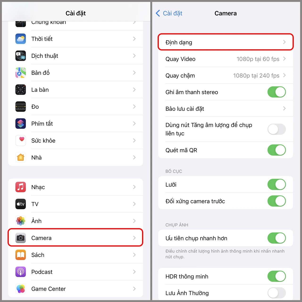 Cài đặt camera trên iPhone