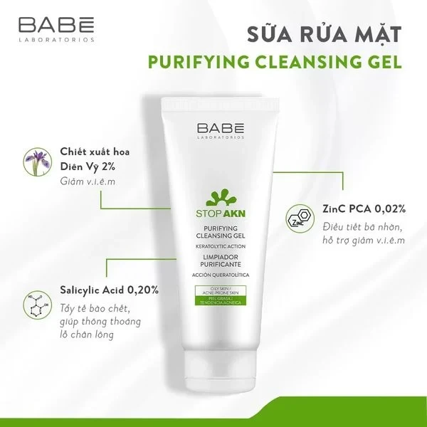 Sữa Rửa Mặt Cho Da Dầu Mụn BABE Laboratories Stop AKN Purifying Cleansing Gel