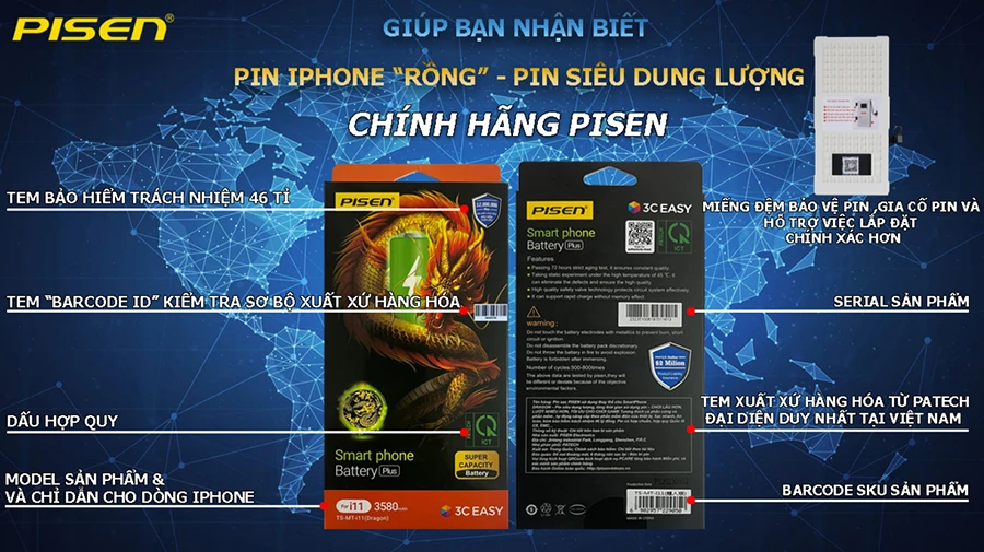 Pin iPhone i12 - Pin Rồng siêu dung lượng - 3310mAh (PISEN Dragon )